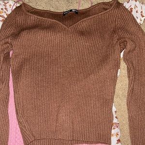 brown thick material long sleeve cropped shirt